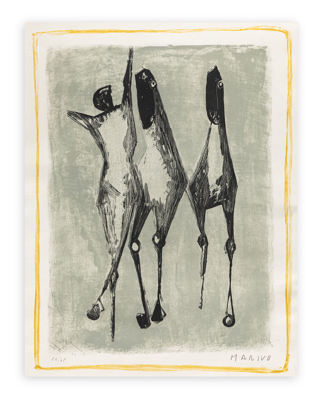 MARINO MARINI (1901-1980) - Giocoliere e cavalli, sfondo verde, bordo giallo, 1952