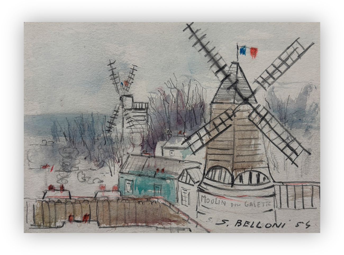SERGE BELLONI (1925-2005) - Les 2 moulins de Mont Martre, 1954