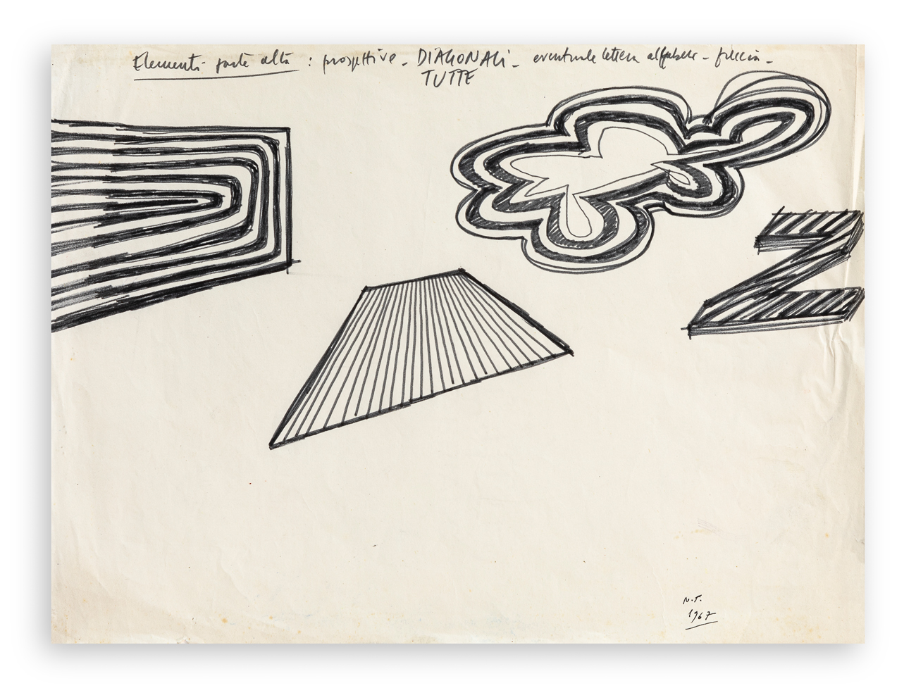 NATO FRASCÀ (1931-2006) - Elementi parte alta: prospettive. Diagonali tutte. Eventuale lettera alfabeto - freccia, 1967