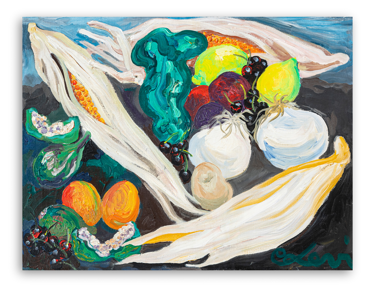 CARLO LEVI (1902-1975) - Natura morta con pannocchie, rape, fichi, cigliegie e agrumi
