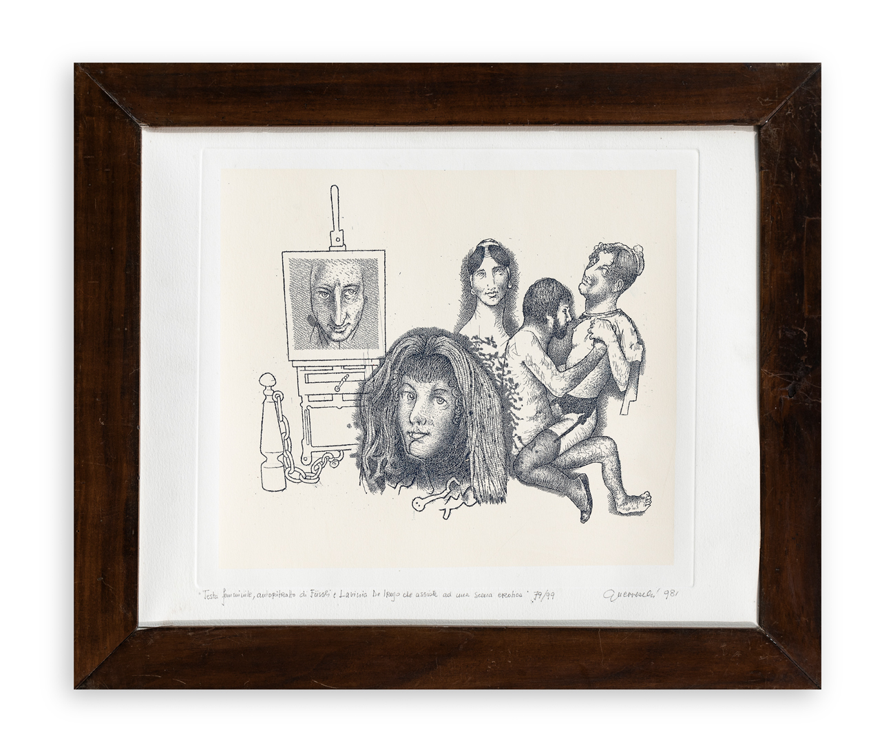 GIUSEPPE GUERRESCHI (1929-1985) - Testa femminile, autoritratto di Füssli e Lavinia De Irnjo che assiste ad una scena erotica, 1998