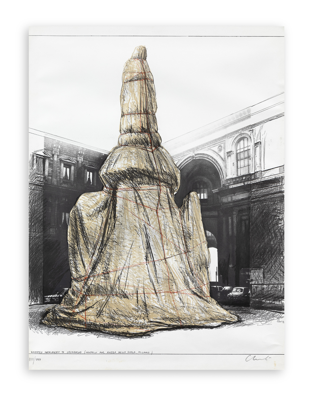 CHRISTO (1935) - Wrapped monument to Leonardo (project for Piazza della Scala, Milan), 1971