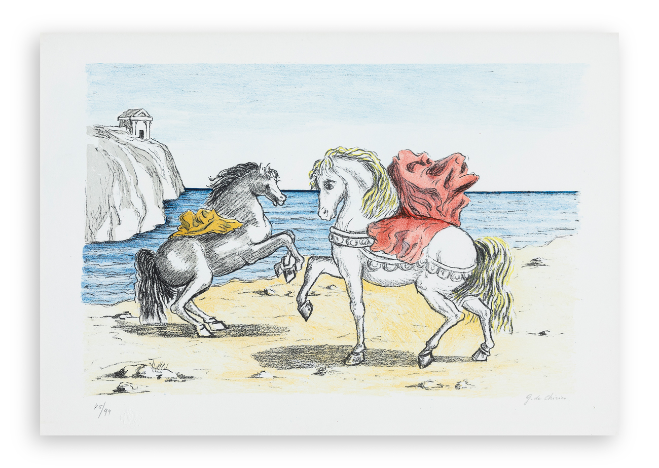 GIORGIO DE CHIRICO (1888-1978) - Cavalli sulla spiaggia (Cavalli di Perseo), 1974