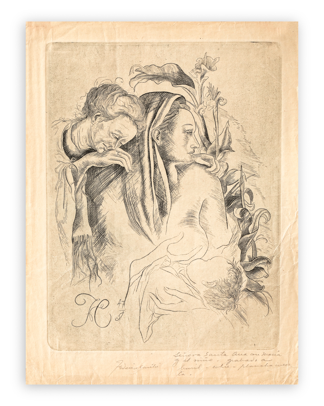 FEDERICO HERACLIO CANTÚ (1908-1989) - Senora Santa Ana con mamà y el nino (Le tre generazioni)