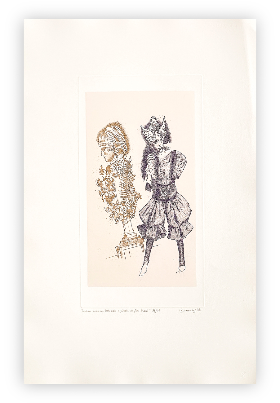 GIUSEPPE GUERRESCHI (1929-1985) - Giovane donna con testa alata e ritratto di Mrs Füssli, 1981