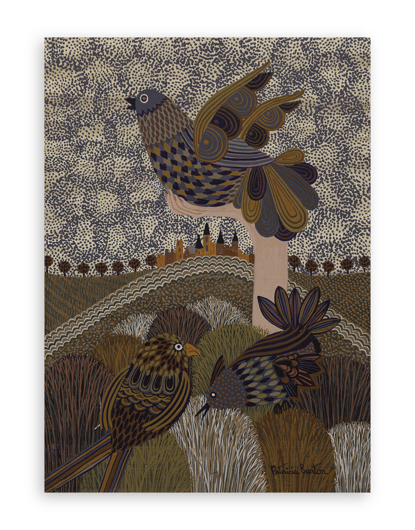 PATRICIA BARTON (1928) - Tre uccelli e paesaggio